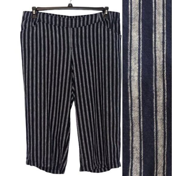 Lane Bryant Pull On Wide Leg Crop Pants Plus Size 18 Navy Stripe Linen Pockets - Picture 1 of 13